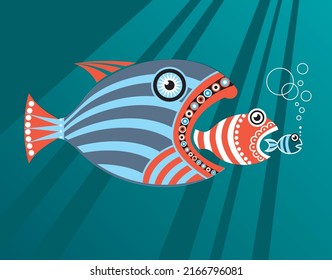 Deep Water Creatures Humorous Illustration - Fish Eats Fish