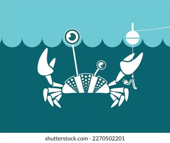 Deep Water Creatures Humorous Illustration - Crab Cutting Fishing Line with bait. One color.