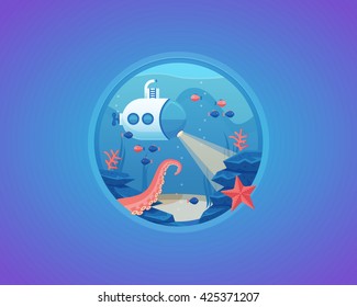 Deep water life exploration. Bottom of sea. Vector cartoon illustration.