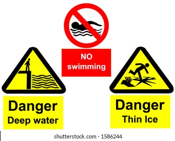 Deep water no swimming and thin ice signs