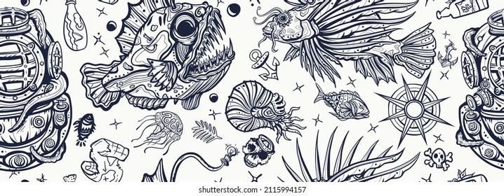 Deep water. Scuba diver helmet. Sea monsters. Underwater world seamless pattern. Life of ocean background. Diving art. Angler fish, lionfish, jellyfish. Old school tattoo style 