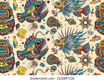 Deep water. Scuba diver helmet. Sea monsters. Underwater world seamless pattern. Life of ocean background. Diving art. Angler fish, lionfish, jellyfish. Old school tattoo style 