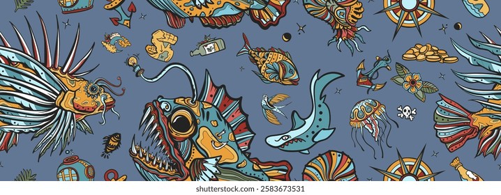 Deep water. Sea monsters. Underwater world seamless pattern. Life of ocean background. Angler fish, lionfish, jellyfish. Old school tattoo style