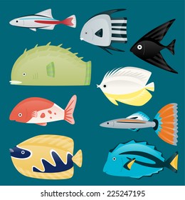 Deep water sea tropical aquatic marine fish set, vector illustration. 
