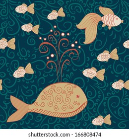 deep water seamless pattern with big whale and little fishes