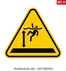 Deep water warning sign. Vector illustration of yellow triangle sign with drowning man. Caution high water level. Symbol used near water body. Deep ocean, sea and lake concept. Risk of drowning.