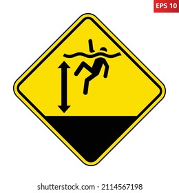 Deep water warning sign. Vector illustration of yellow diamond shaped sign with drowning man. Caution high water level. Symbol used near water body. Risk of drowning. Deep ocean, sea and lake concept.