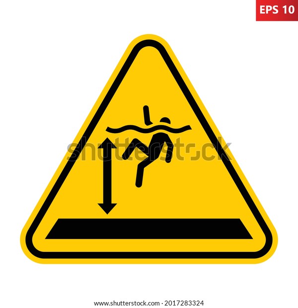 Deep water warning sign. Vector illustration of\
yellow triangle sign with drowning man. Caution high water level.\
Symbol used near water body. Deep ocean, sea and lake concept. Risk\
of drowning.