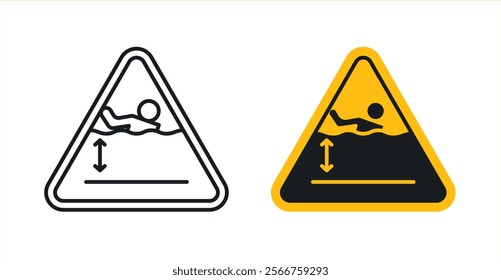 Deep water warning signs in black outline, solid and colored style
