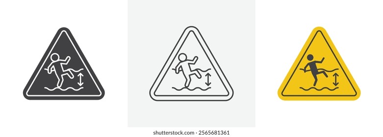 Deep water warning signs set in black and colored versions