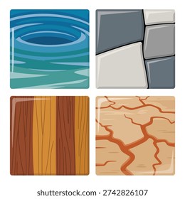 Deep water whirl, broken stone tiles, vertical wood planks and dry clay textures, seamless vector backgrounds for maps, games, illustration
