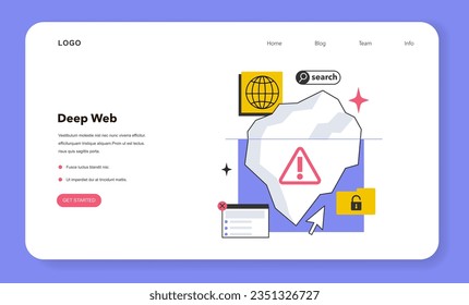 Deep web web banner or landing page. Invisible or hidden web not indexed by standard web search-engine program. Worldwide network segment, anonymous communication. Flat vector illustration