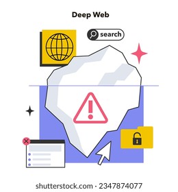 Deep web. Invisible or hidden web not indexed by standard web search-engine program. Worldwide network segment, anonymous and encrypted communication. Flat vector illustration