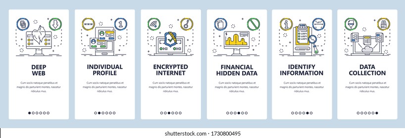 Deep web web site and mobile app onboarding screens. Menu banner vector template for website and application development. Hidden financial data, dark net, hidden internet technology. Thin line art.