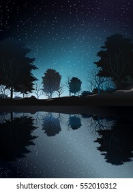 deep wood near lake at night