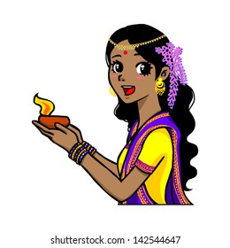 Deepavali / Dawali vector drawing of cute Indian girl holding the oil lamp in her hands