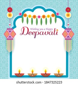 Deepavali or Diwali greeting template or copy space. Diwali diya (india oil lamp), marigold flower with mango leaf garland & kandil lantern. Festival of Lights flat vector illustration.