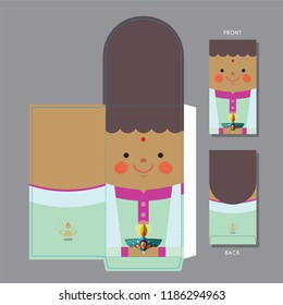 Deepavali or diwali packet template design. Cute india boy holding diya (oil lamp) and dressed in traditional clothe.