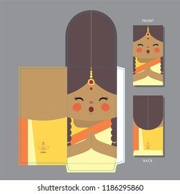 Deepavali or diwali packet template design. Cute india girl with smiling face and dressed in traditional clothe.