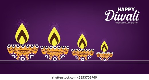 Plantilla o espacio de copia de Deepavali o Diwali. Hermosa Diwali Diya en llamas aislada en un fondo morado