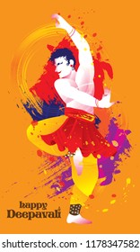 Deepavali vector of a colourful dancing man with Indian costume, presented in energetic ink splashing style.