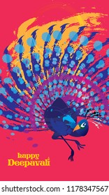 Deepavali vector of a colourful dancing peacock, presented in ink energetic splashing style.