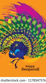 Deepavali vector of a colourful dancing peacock, presented in ink energetic splashing style.