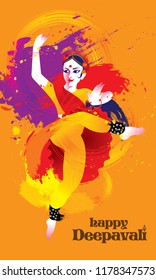 Deepavali vector of a colourful dancing woman with Indian costume, presented in energetic ink splashing style.