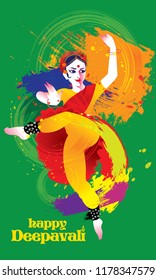 Deepavali vector of a colourful dancing woman with Indian costume, presented in energetic ink splashing style.