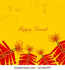 Deepawali celebration with exploding crackers and stylish text of Happy Diwali on shiny floral decorated yellow background.