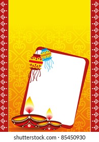 deepawali celebration greeting card with floral pattern background and set of lit diya for  indian festival