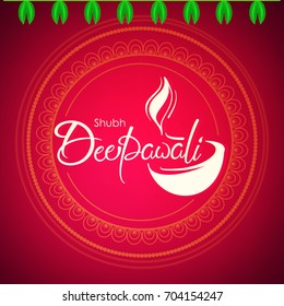 Deepawali text based Greeting card on colored background with line art based floral frame and Traditional Burning oil lamp can be used in flyer ,poster etc ,Elegant design , Diwali vector illustration