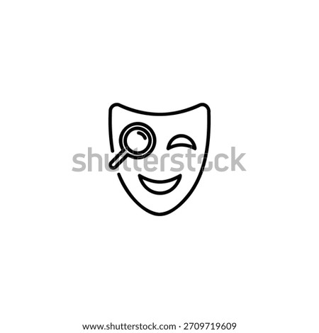 Deepfake detection concept showing a magnifying glass analyzing a theatrical mask