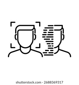 Ícone de rosto humano falso. Reconhecimento facial mostrando dados do computador e visualização de aprendizagem automática. Estilo da estrutura de tópicos. Isolado no fundo branco.