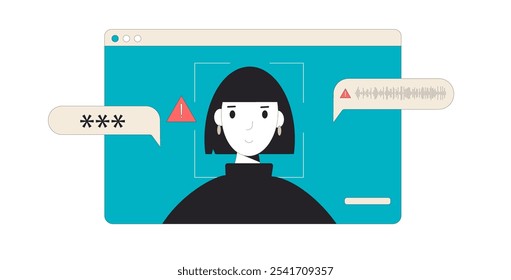 Problema de Deepfake. Mujer que habla en línea con la sustitución de la identidad aislada en el fondo blanco. Vector dibujado a mano ilustración plana