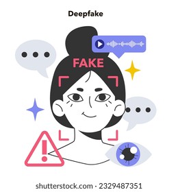 Deepfake. Synthetic media manipulating and replacing one person's likeness convincingly with that of another. Artificial intelligence service. Flat vector illustration