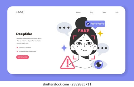 Deepfake web banner or landing page. Synthetic media manipulating and replacing one person's likeness convincingly with that of another. Artificial intelligence service. Flat vector illustration