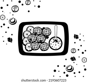 Icono del vector de la bola de Deepfried, Signo del plato nacional de Egipto, Símbolo de cocina tradicional del Medio Oriente, cocina gastronómica gourmet y menú de restaurante con ingredientes, Falafel con salsa de salsa de salsa de salsa en bandeja Concepto