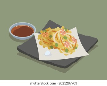 Deep-fried shrimp and beans vector illustration