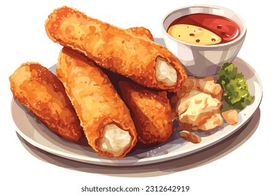 
Deep-fried snacks e.g. mozzarella sticks jalapeno Watercolor white background.