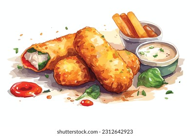 
Tentempiés fritos, por ejemplo mozzarella pega jalapeno Watercolor fondo blanco.