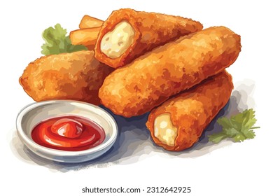 
Tentempiés fritos, por ejemplo mozzarella pega jalapeno Watercolor fondo blanco.