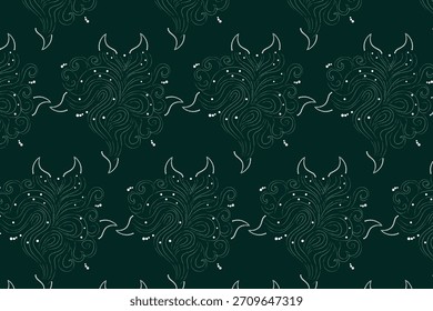 Un patrón de mandala simétrico intrincado de colores profundos creado a partir de Elementos botánicos y paisley en verde azulado oscuro y verde bosque