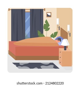 Deeply sleeping man in his cozy bedroom. Daily routine of overnight resting habit cartoon vector illustration