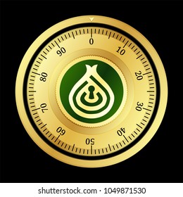 DeepOnion (ONION) cryptocurrency safe lock. Eps10 vector illustration isolated on black background.