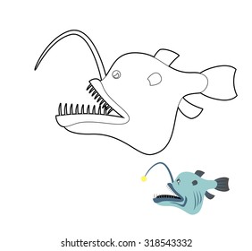 Deep-sea anglerfish coloring book. Fish monster from  depths of ocean. Vector illustration
