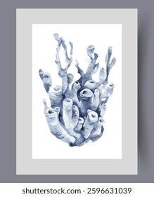 Deep-sea corals inhabiting bottom of sea or ocean from subtropical climate on poster. Watercolor artwork. Wall art with beautiful blue corals from underwater world, in frame with decor for print