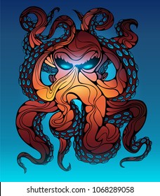 Deep-sea octopus. Vector illustration. Bright colors and light accents