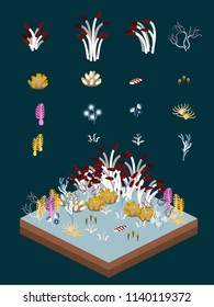 Deep-sea plants-like animals for game-style isometric pelagic seabed scene.