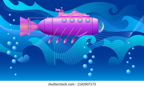 Deep-sea submarine with an alternative source of food for ocean exploration. Submarine with portholes and oars for movement. Blue abstract background with waves, swirls and bubbles.